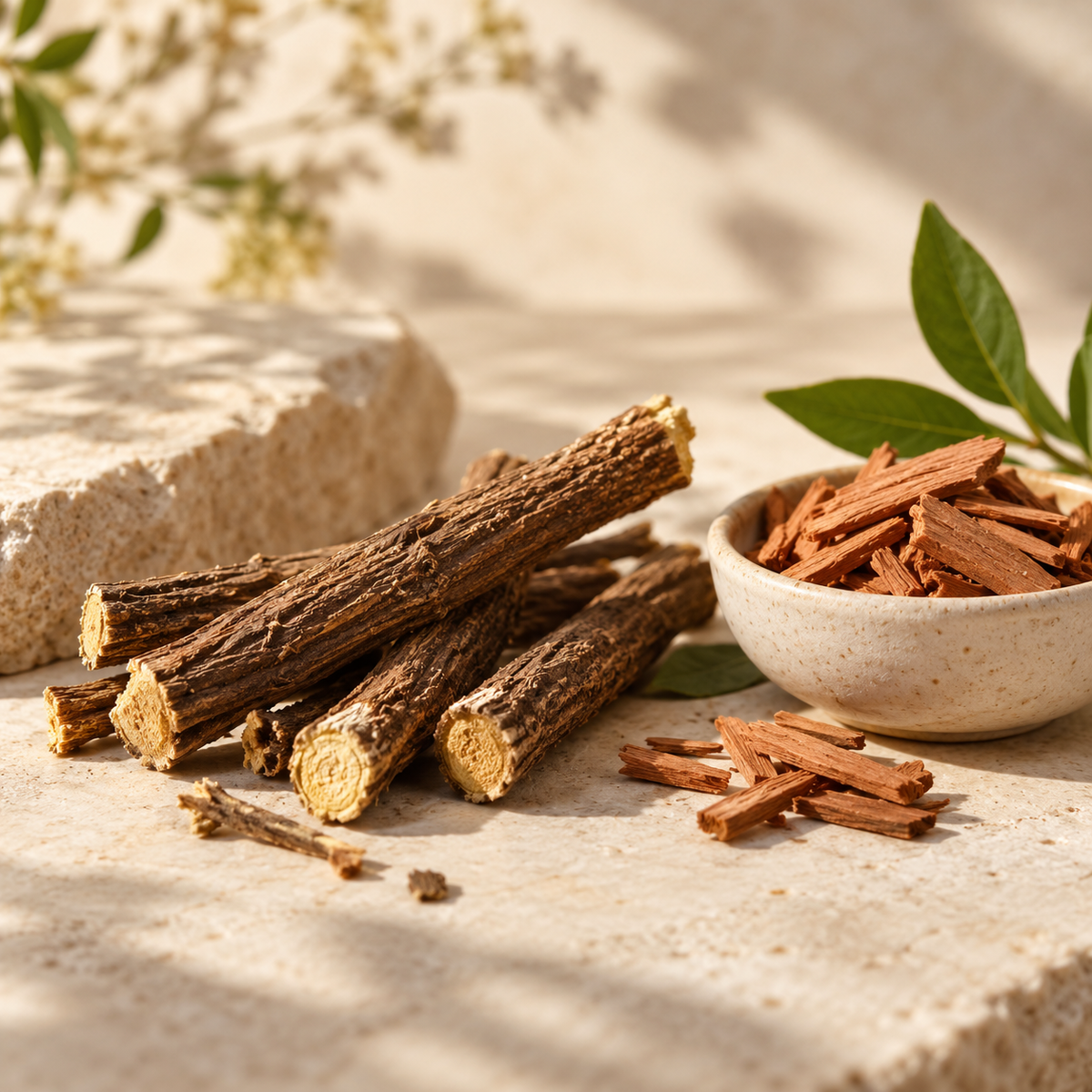 Organic licorice root and sandalwood used in Vitality Now Vata tea