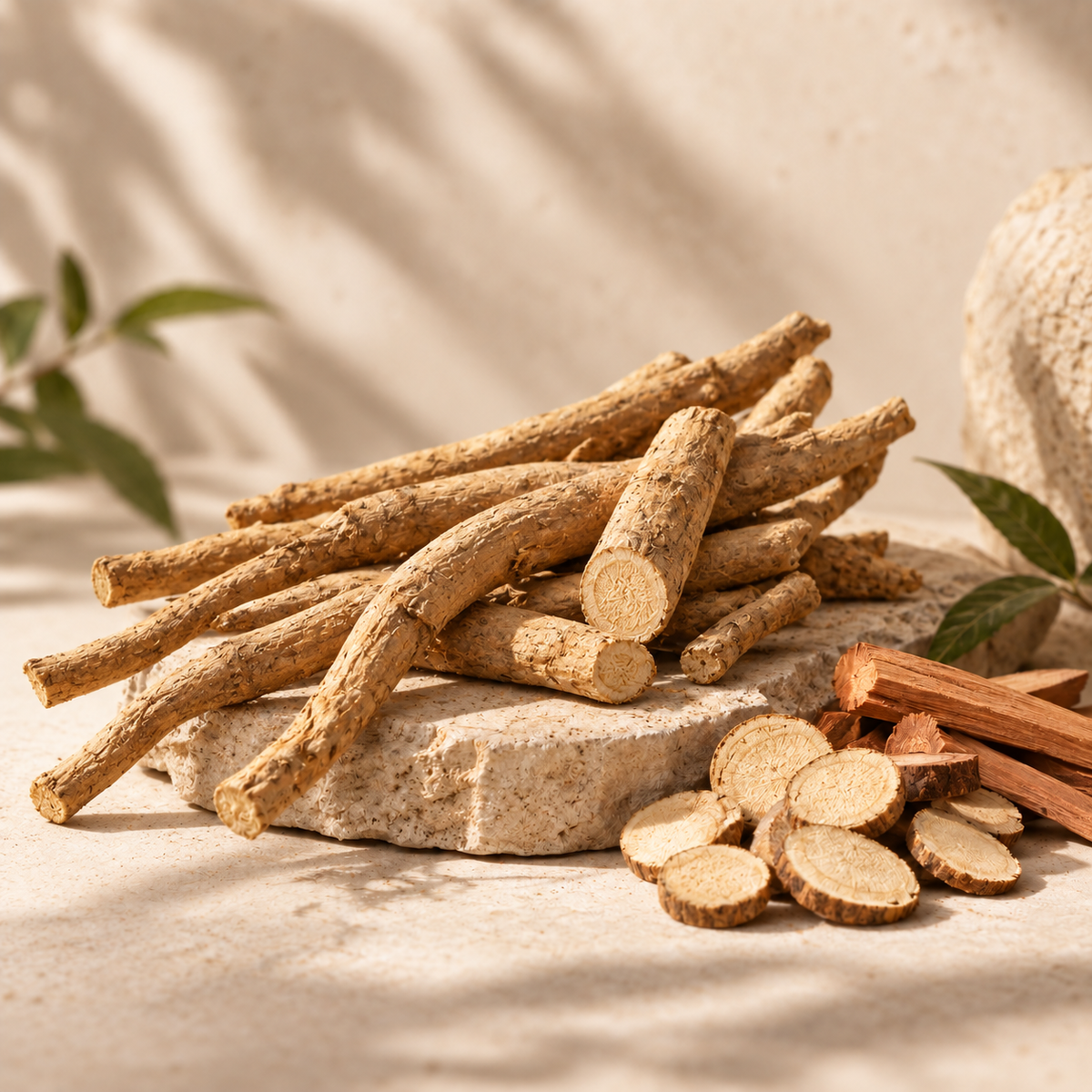 Ashwagandha and sandalwood representing grounding qualities in the tea