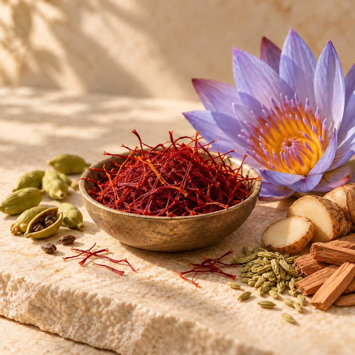 Saffron Blue Lotus and aromatic spices used in Vitality Now Calming Tea