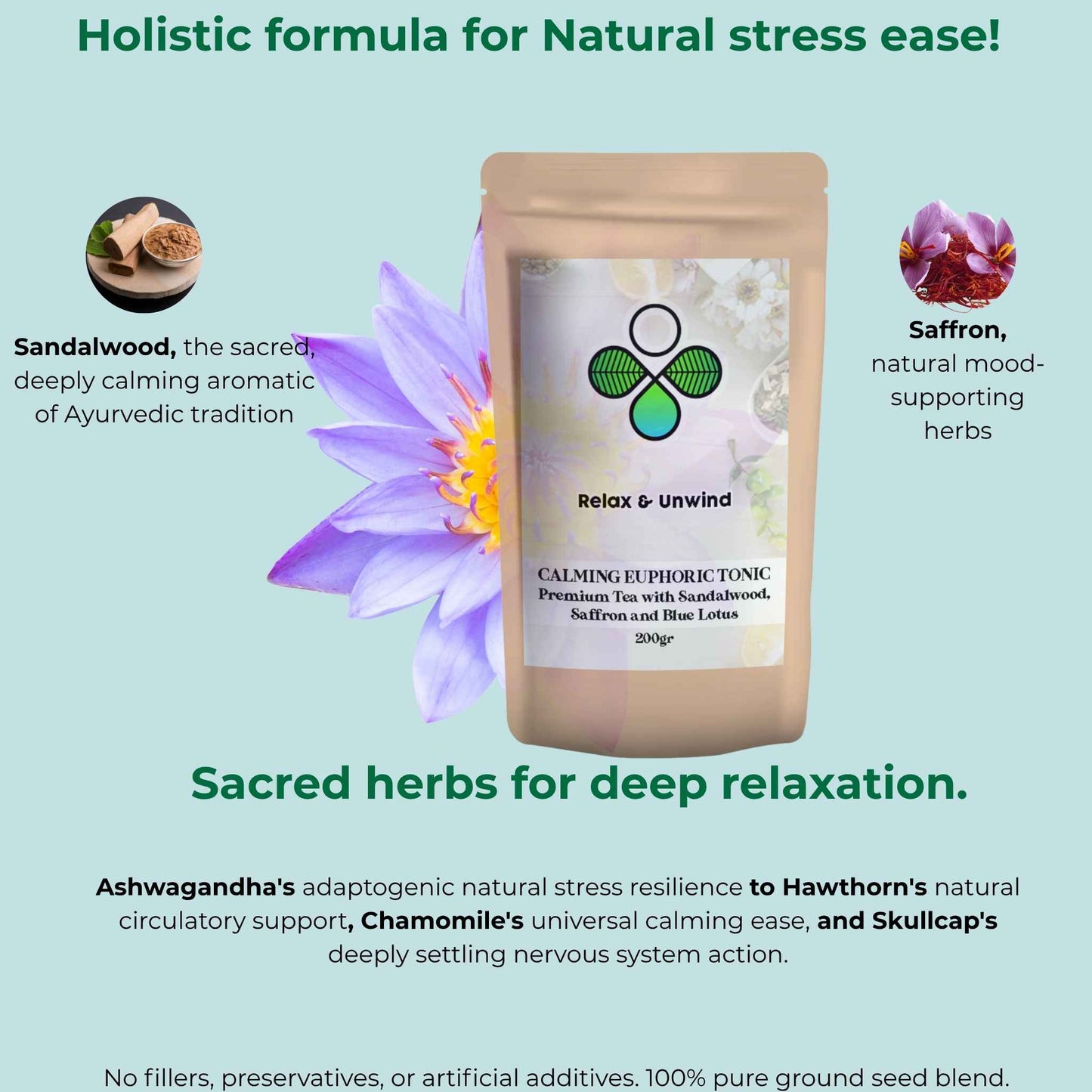 product photo of 200 g of Calming herbal tea blend with benefits and ingredients