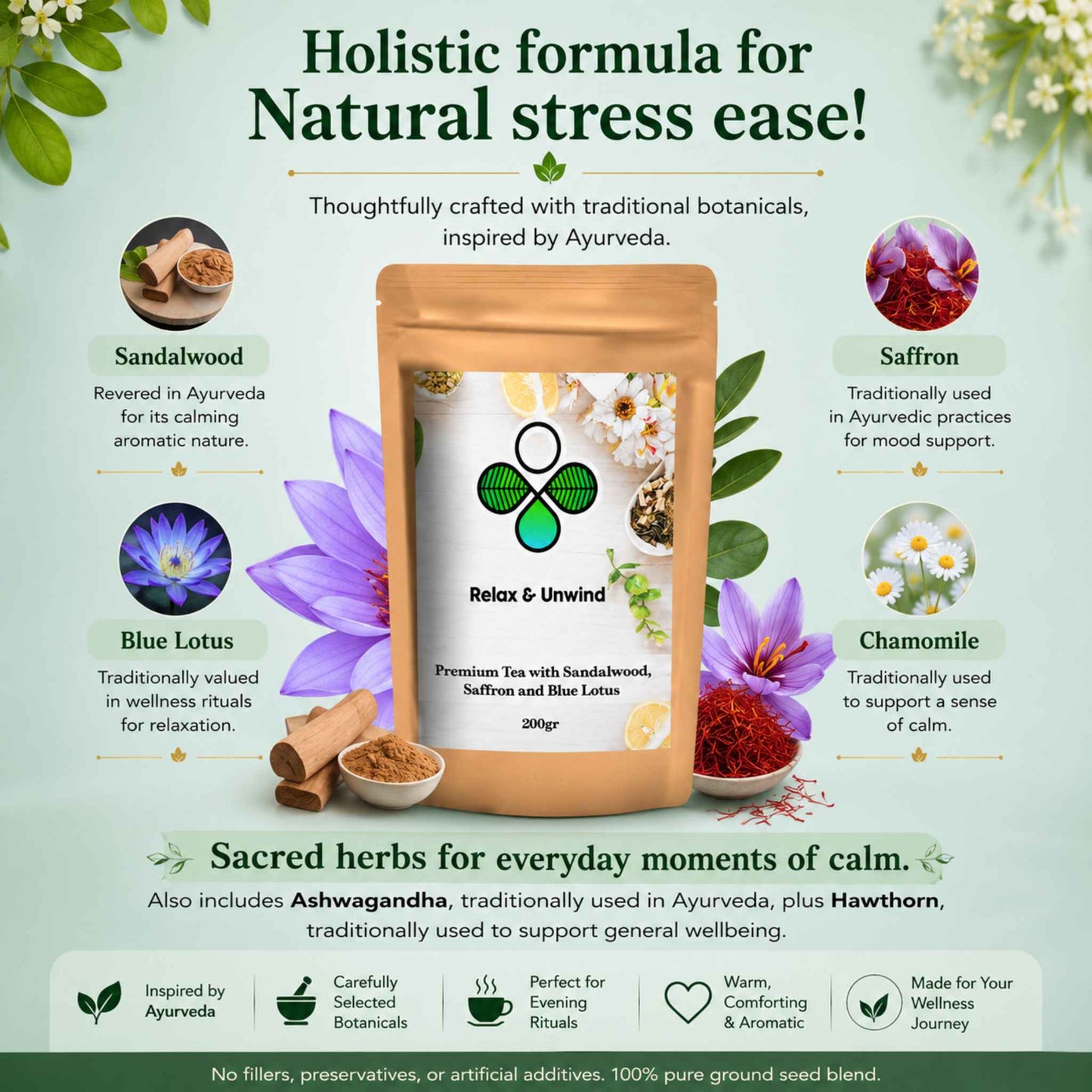 Calming Tea Blend with Sandalwood Saffron Blue Lotus – Ayurvedic Blend by Vitality Now